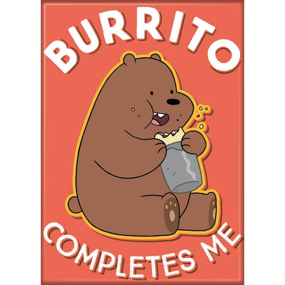 Cartoon bear holding a burrito with text 'BURRITO COMPLETES ME' on a red background