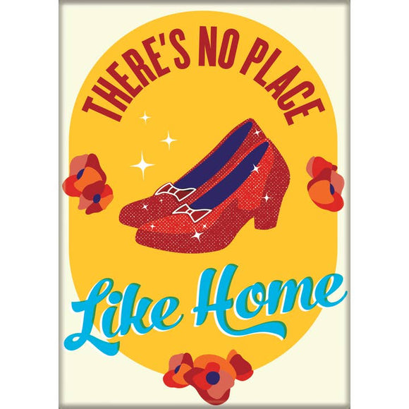 Fridge magnet with red shoes, yellow background, and 'There's No Place Like Home' text.