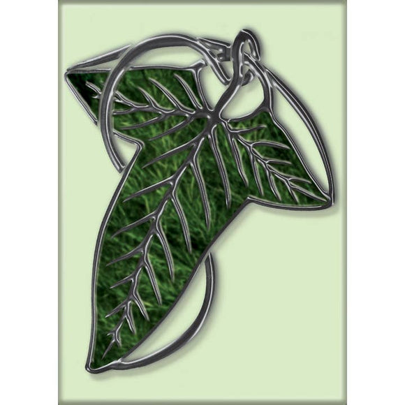Silver leaf-shaped pendant on a green textured background