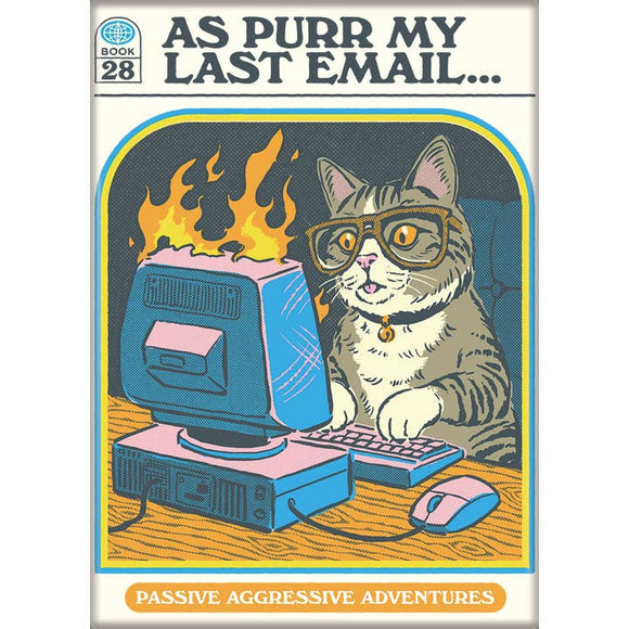 Book cover with a cat wearing glasses and using a computer, text 'As Purr My Last Email.