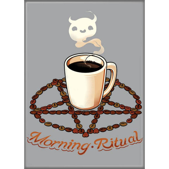 Illustration of a coffee cup with coffee beans and a ghost, with 'Morning Ritual' text on a gray background.