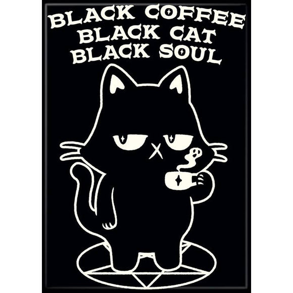 Black and white illustration of a cat with text 'BLACK COFFEE BLACK CAT BLACK SOUL' on a black background