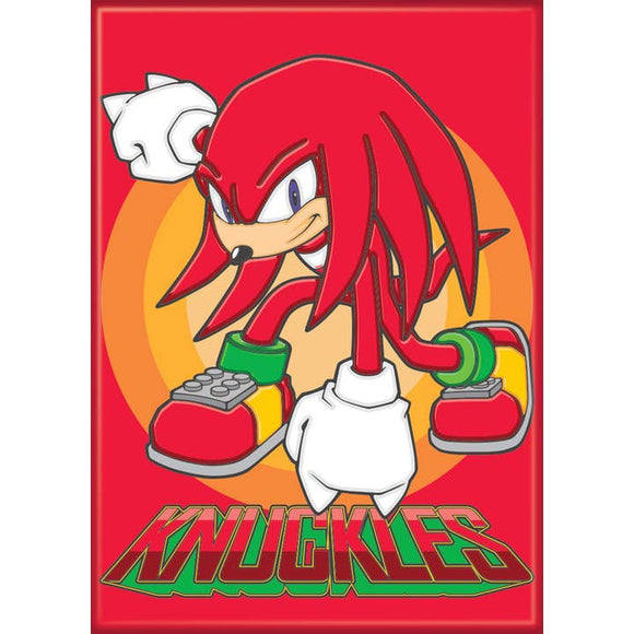 Cartoon character with red hair and white gloves on a red background with 'Knuckles' text.