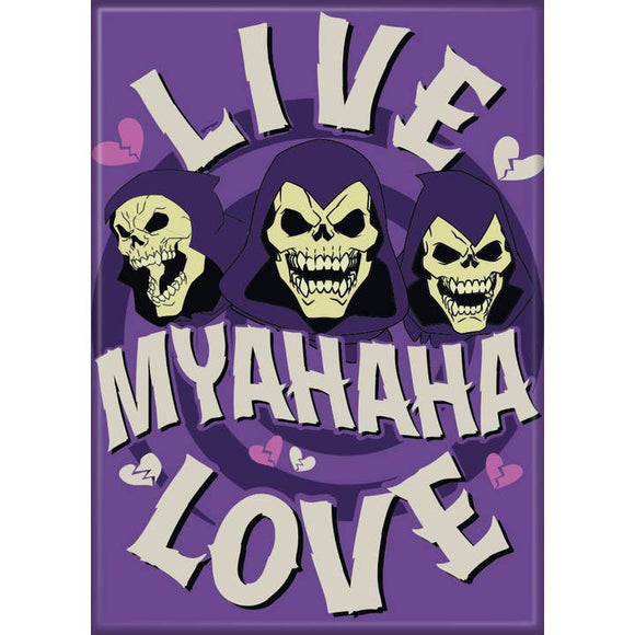 Purple poster with three skull faces and text 'Live Myahaha Love' on a white background