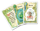 Three ornate cards with text and illustrations on a white background
