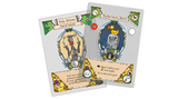 Two playing cards with decorative designs and text on a white background
