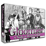 Board game box for 'Gloomier: A Night at Hemlock Hall' featuring black and white illustrations and purple text.
