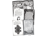 An open book or booklet spread showing illustrated and text-based pages from a fantasy-themed design, likely a poster, print, or booklet cover. The pages are monochrome with black line art and text on aged white paper, including decorative headers and a character illustration.