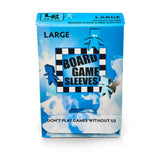 Box of board game sleeves with blue and white design on a white background