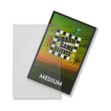 A clear plastic board game sleeve shown partially covering a printed insert card labeled 'BOARD GAME SLEEVES' with 'MEDIUM' at the bottom, on a white background.