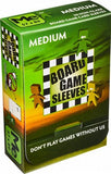 Board Game Sleeves Medium box packaging, featuring a green and black design with a checkered board graphic and small illustrated figures.