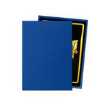 Blue card holder with a gold and red card inside on a white background