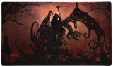 Giant dragon and creature in a dark, Halloween-themed landscape with pumpkins and a red sky.