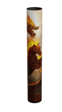 Tall cylindrical product with dragon and horse design on a gray background