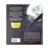 Back cover of a book with text and 'Dragon Shield' logo, featuring a dark fantasy theme.
