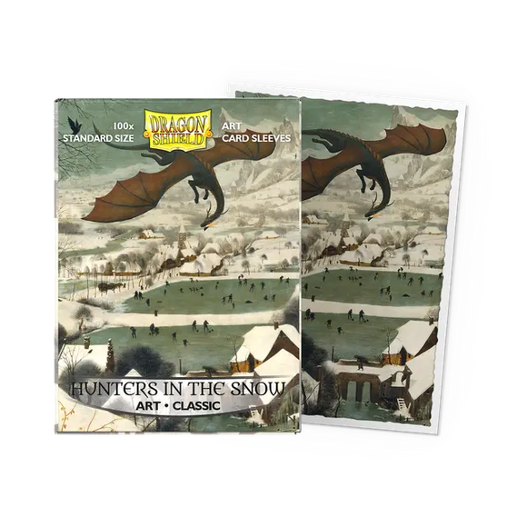 Card sleeves with dragon design and 'Hunters in the Snow' artwork on a white background