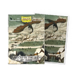 Card sleeves with dragon design and 'Hunters in the Snow' artwork on a white background