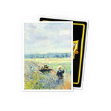 Note card with a painting of two people in a field, featuring a visible brand logo on the right.
