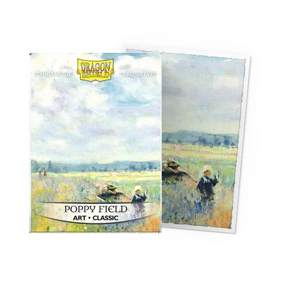 Card sleeves with 'Poppy Field' artwork and 'Dragon Shield' branding on a white background