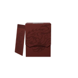 Red cardholder with embossed dragon design on a white background