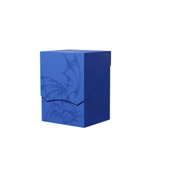 Blue rectangular box with a dragon design on a white background