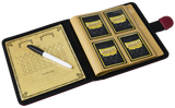 Card holder with four cards and a pen on a white background