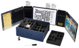 Game accessory box with compartments and game pieces on a white background
