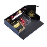 Dice organizer with compartments for dice and a pen, featuring a logo on a white background.