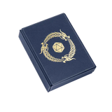 Blue box with gold dragon and pentagonal symbol on a white background