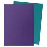 Two sheets of colored paper, one purple and one teal, on a white background.