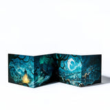 Glowing book with a fantasy design featuring trees, moon, and glowing light on a white background