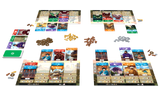 Board game setup with character cards and game pieces on a white background