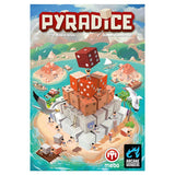 Board game box for 'Pyradice' with dice and island design on a blue background