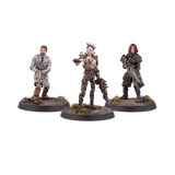 Three miniature figures on stands with a white background