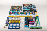 Board game components including cards and pieces on a white background
