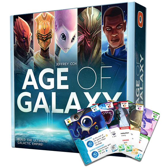 Board game box for 'Age of Galaxy' with character illustrations and game cards displayed.