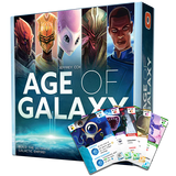 Board game box for 'Age of Galaxy' with character illustrations and game cards displayed.