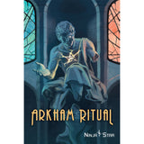 Cover of 'Arkham Ritual' with a statue and stained glass windows, featuring the Ninja Star logo.