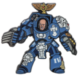 Blue space marine character with a face in the chest plate on a white background