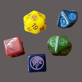 Five polyhedral dice with unique designs on a gray background