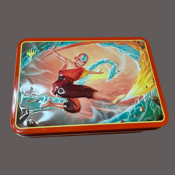Decorative tin box with a colorful design of a person and abstract elements on a gray background