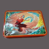 Decorative tin box with a colorful design of a person and abstract elements on a gray background