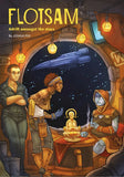 Book cover of 'Flotsam' by Joshua Fox, featuring three characters in a spaceship setting.