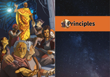 Illustration of a group of people with a starry night sky and 'Principles' logo on an orange background.