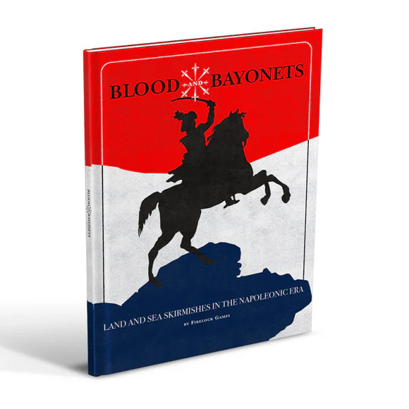 Book titled 'Blood and Bayonets' with a red, white, and blue cover featuring a silhouette of a horse and rider.