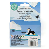 Penguin stress toy packaging with text and branding on a white background