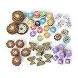 Collection of colorful game tokens on a white background