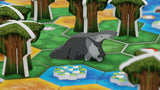Board game piece of a anteater on a hexagonal tile with forest design