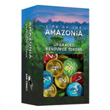 Box of 'Life of the Amazonia' upgraded resource tokens with colorful tokens on a white background.
