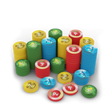 Colorful game pieces with numbers and symbols on a white background